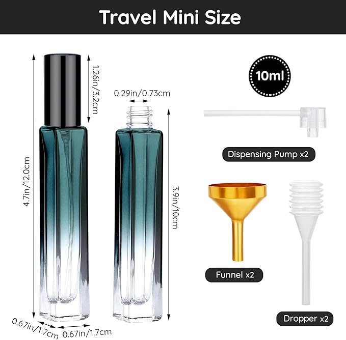 Segbeauty 10pcs 0.34oz Green Glass Perfume Bottle Set, 10ML Perfume Travel Refillable, Empty Cologne Atomizer Sprayer for Cologne Dispenser, Travel Sample Bottles Fragrance Making Kit Refill Tool