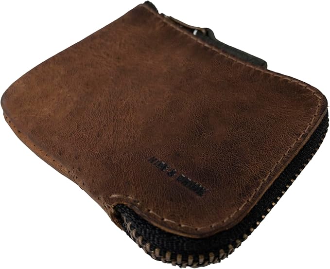 Hide & Drink, Full Grain Leather Zippered Card Wallet for Men and Women, Coin Pouch, Money Holder, Pocket Organizer, Handmade, Bourbon Brown