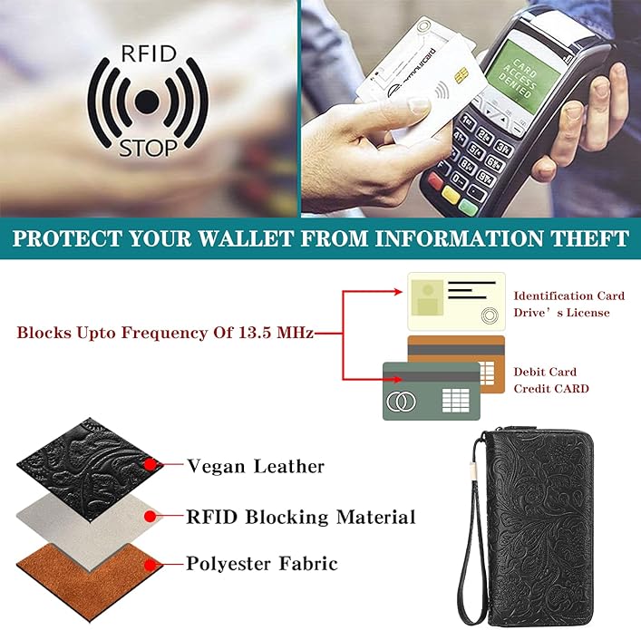 GOIACII Women's Wallet Wristlet Ladies Phone Purse RFID Blocking Large Card Holder Double Zip Grip Strap Vegan Leather