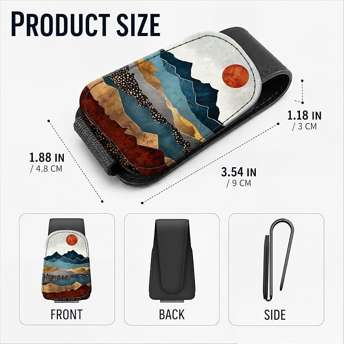 Leather Magnetic Sunglass Holder for Car Sun Visor, Cute Eyeglass Ticket Card Hanger Clip, Universal Auto Interior Accessories for SUV Pickup Truck, Sunset Mountain
