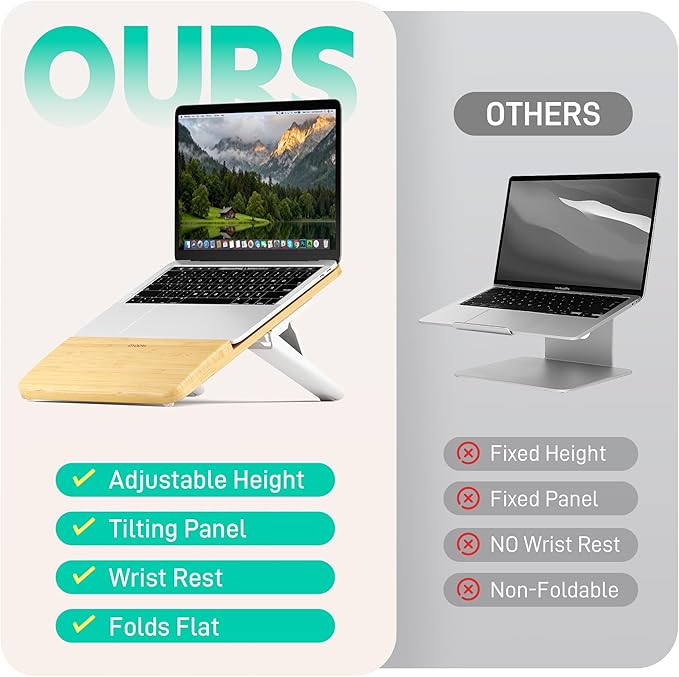 AFOOYO Adjustable Bamboo Laptop Stand,Portable Computer Riser,Ergonomic Notebook Mount with Wrist Rest,Compatible with 9.8-15'' All Laptops,MacBook Air Pro/HP/Dell/Lenovo,Bamboo