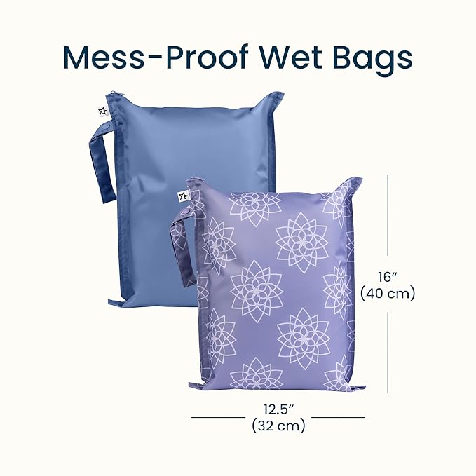 Tiny Twinkle Mess Proof Wet Bags | 2-Pack Reusable Waterproof Wet Bags for Swimsuits | Baby Clothes | Travel & Diaper Bag (Lotus)