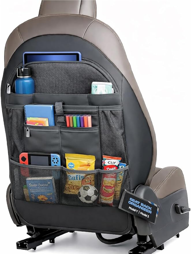 for Tesla Model Y/3 2017-2026 Custom Fitted Seat Back Kick Protector Organizer with Storage Pockets - Rear Passenger Organization for Kids with Zippered Accessories Slots (Black)