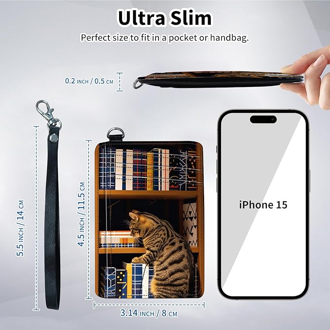 Slim Minimalist Front Pocket Wallet,Credit Card Holder Wallet for Women Men,RFID Blocking Credit Card Holder Case Leather Cute Small Thin Wallet ID Window&Wrist Strap,Bookshelf Cat