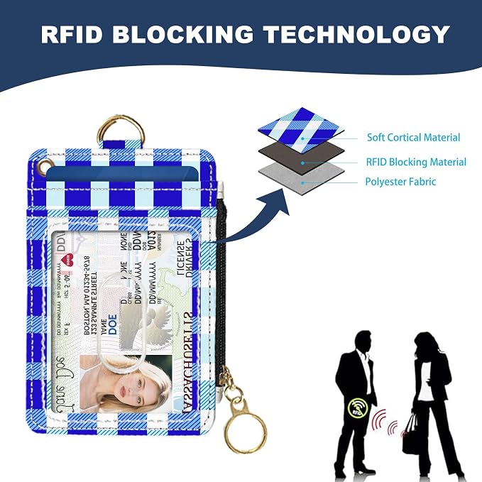 Slim Wallet Credit Card Holder, Blue Checkered X, RFID Wallet Women Cute Small Front Pocket Wallet With Zipper, PU Leather Thin travel RFID Blocking Card Case ID Window,Ladies Gifts