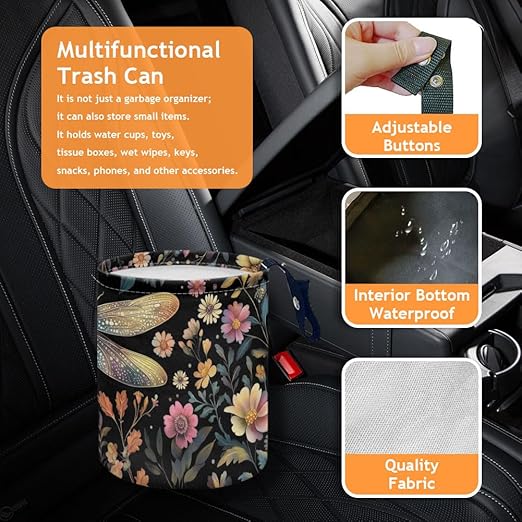 Dragonfly Flower Car Trash Can Waterproof Garbage Can Car-Seat Back Hanging Trash Bag Portable Camping Waste Bin Storage Bag Collapsible Rubbish Container for Cars (5.9" W,7.2" H)