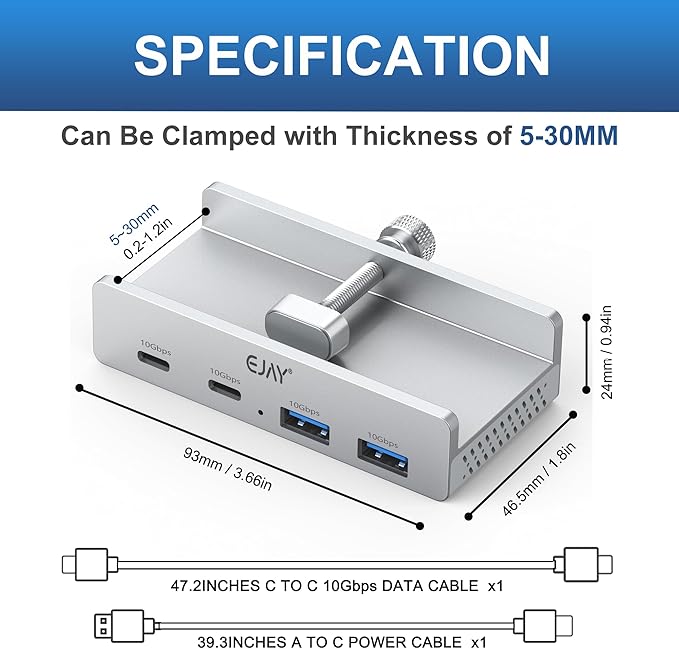 EJAY 4Ports 10Gbps USB-C HUB USB3.2 Clamp USB HUB Splitter,Mountable USB-C Adapter with Data & Power Cable for iMac 2021 and later-10Gbps(Silver)