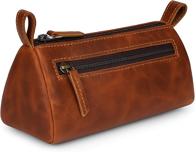 Leather Makeup Bag for Women – Genuine Leather Cosmetic Bag Travel, Handmade Zippered Makeup Pouch, Small Toiletry Bag, Shaving Kit & Stationery Organizer- Tan