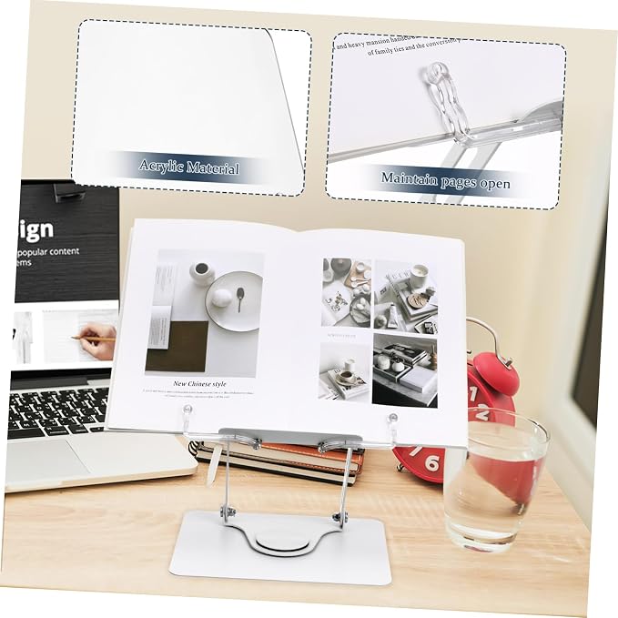 NUOBESTY Adjustable Height Clear Book Stand for Reading Rotating Desktop Holder for Textbooks Laptops and Tablets Ergonomic Design Page Clips and Construction