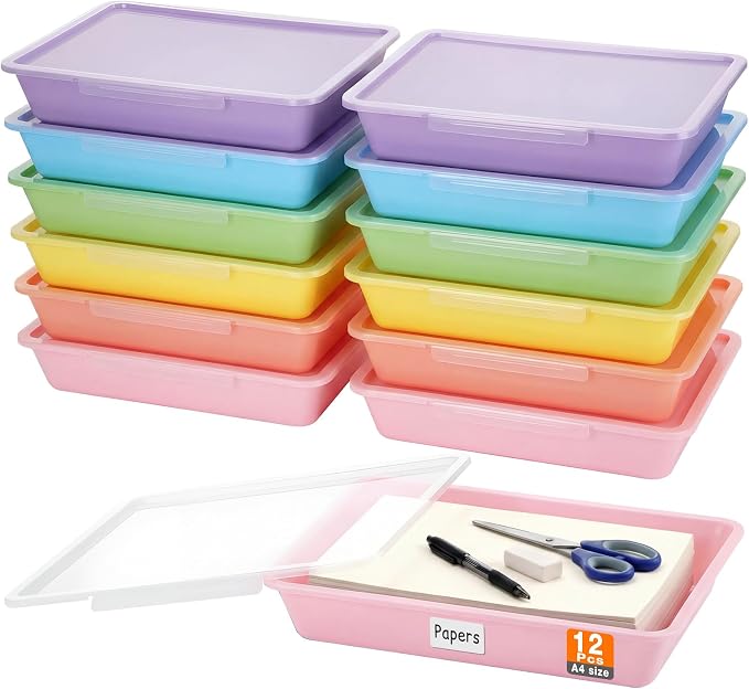 Tinlade 12 Pcs Classroom Paper Storage Bins with Clear Latching Lids Labels, Letter Size Stackable Flat Trays Container Paper Organizer for Teacher Back to School Office Arts Crafts (Macaron,13x10in)