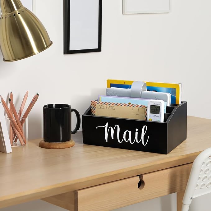 DRASTAR Mail Organizer Countertop, Mail Holder with 4 Slots, Wood Mail Sorter, Bill Organizer for Desk, Mail Storage Organizer for Home Office
