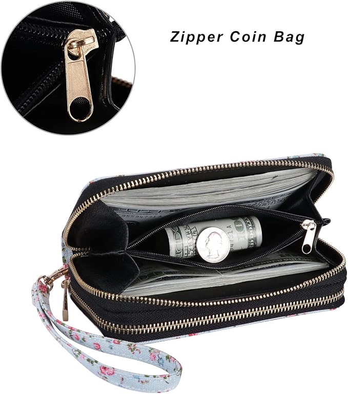 Cellphone Wallet for Women Dual Zipper Long Purse with Removable Wristlet