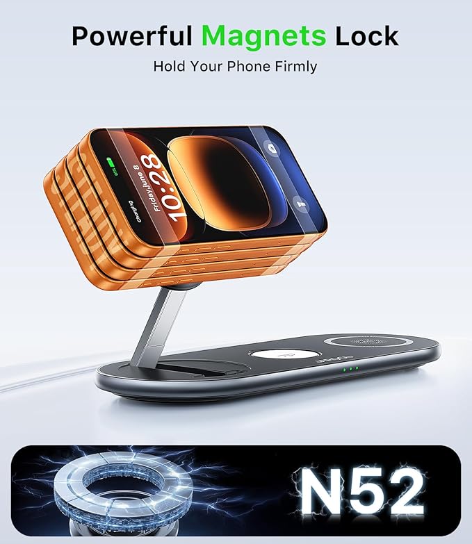 JARGOU Foldable 3 in 1 Wireless Charging Station for Apple with Magsafe Charger Stand, Fast Magnetic Wireless Charger for iPhone 17 Air 16 15 14 13 12, for iWatch, for AirPods (Light Black)