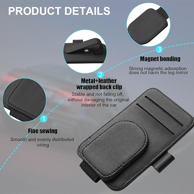 Car Sun Visor Organizer, Magnetic Leather Auto Sunglass Card Pen Pocket Holder for Registration & Drving License, Vehicle Interior Glasses Clip Accessories, Universal for SUV Sedan Truck (Black)