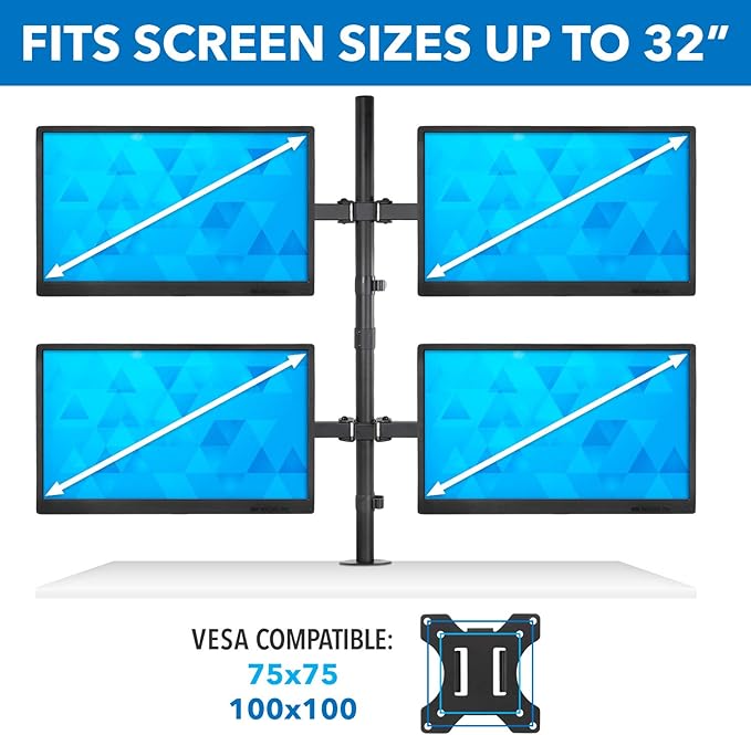 Mount-It! 4 Monitor Stand for Desk | Quad Monitor Desk Mount with Height Adjustable Pole | Fits Four 13??2 Inch Screens, VESA 75x75 & 100x100, Tilt Swivel Rotate, Clamp or Grommet Base