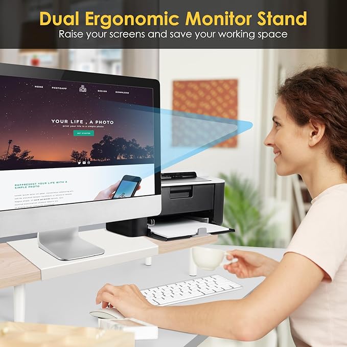 Dual-Monitor-Stand-Riser-For-Desk Adjustable Length 32-40 Inch，Large Desktop Computer Monitor Riser For 2 Screens，Desk Shelf Organizer Riser Stand For Computer/Laptop/PC/Printer/TV Black