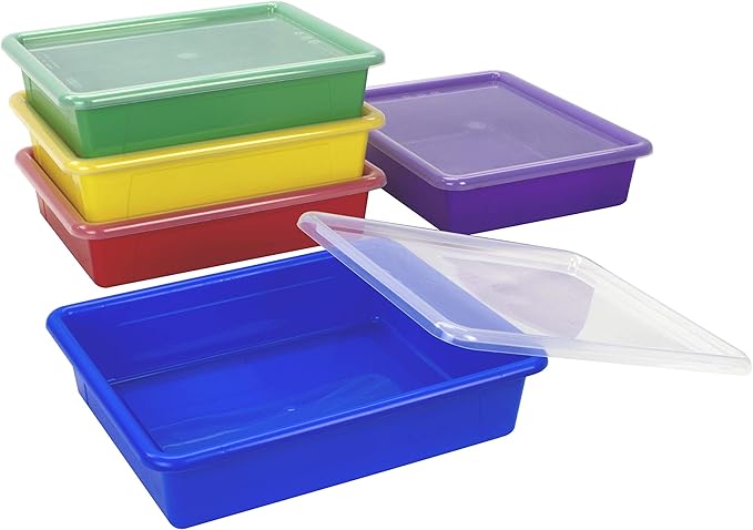 Storex Letter Size Flat Storage Tray – Organizer Bin with Non-Snap Lid for Classroom, Office and Home, Assorted Colors, 5-Pack (62534A05C)