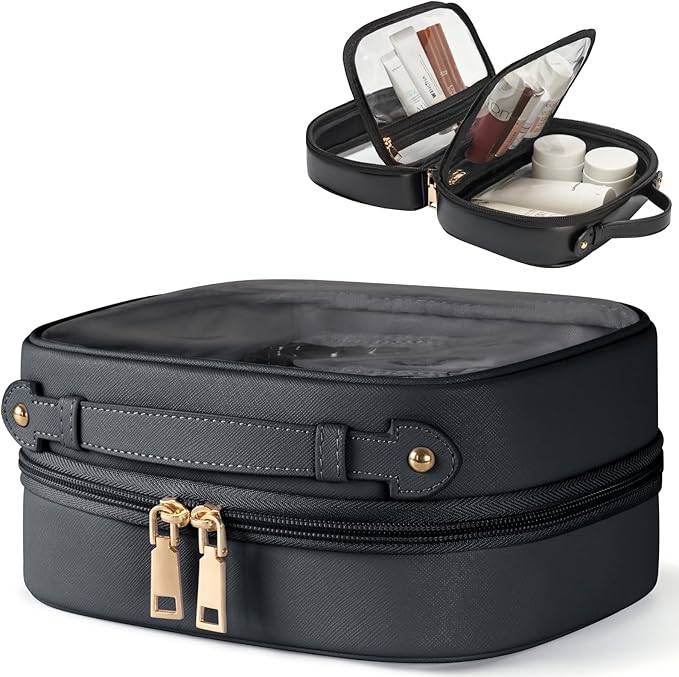 Clear Cosmetic Bag Double Layer Travel Toiletry Bag Clear Makeup Bag Case with 4 Compartments, Transparent Travel Bag for Toiletries, Large Toiletry Bag for Women Cosmetic Case (Black, Small)