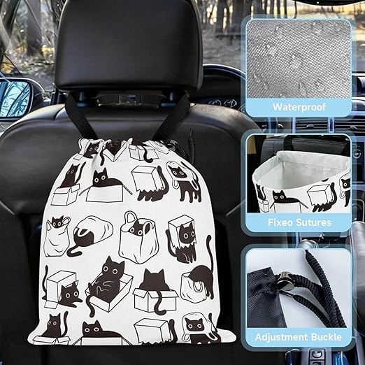 Playful Black Cat Car Trash Bag - Waterproof Car Trash Bag Hanging Leakproof Car Garbage Bag - Washable Reusable Trash Bag For Car Interior Hanging Organizer Storage Vehicle Travelling Camping