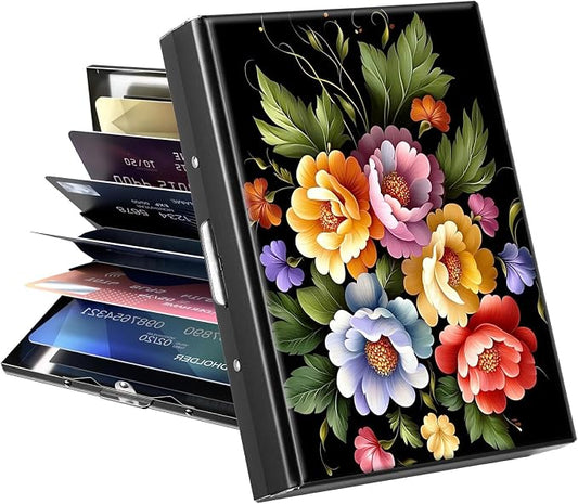 Metal Wallet, Credit Card Holder for Women Men Girls, RFID Blocking Aluminum Wallet Slim Hard Case, Mini Travel Wallet, ID Card Holder Business Card Case,Art Flowers
