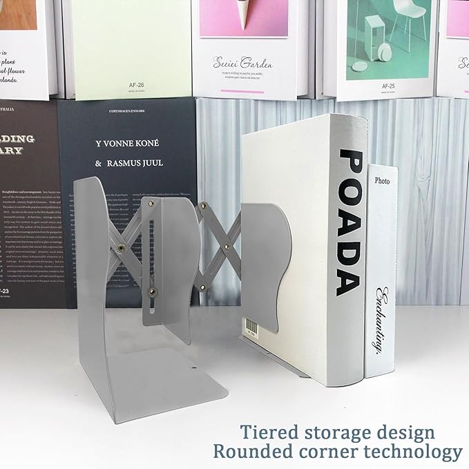 Adjustable Bookends, 19 inches 2 Dividers Heavy Duty Metal Book Holders, Book Storage Rack, Desk Organizer Magazine File Holder for Office, School, Bookstore and Home, Grey