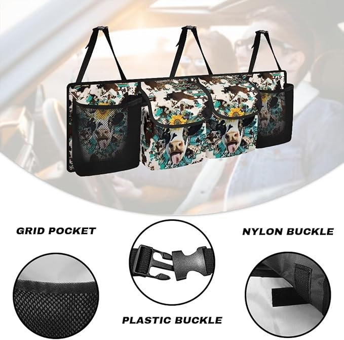 Aztec Tribe Sunflower Car Trunk Organizer,Backseat Hanging Large Storage with Adjustable Straps,Funny Cow Design Collapsible Cargo Bag,Car Interior Accessories Not Easy to Fade