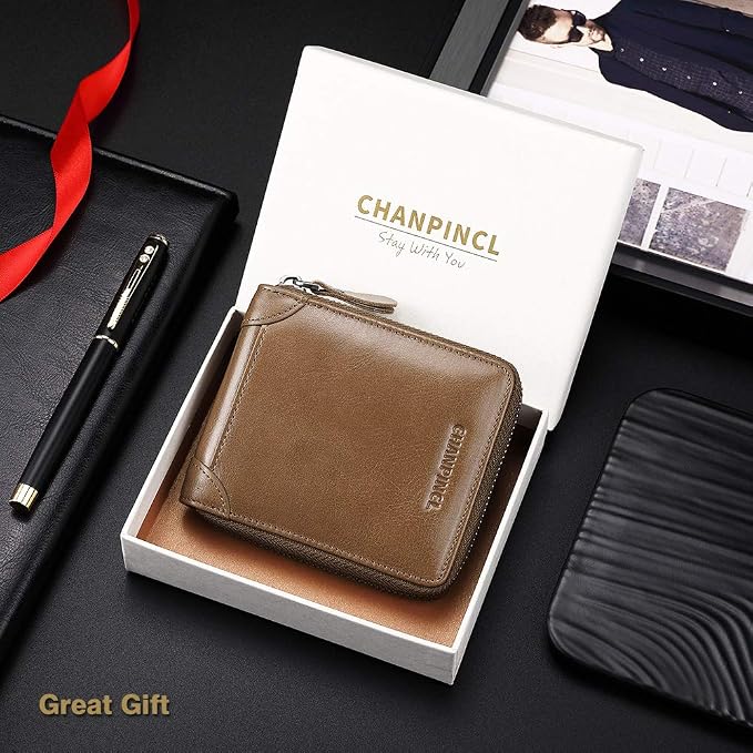Mens Genuine Leather Zipper Wallet RFID Secure Large Capacity Double Fold Multi-card Leather Wallets for Men and coin purse