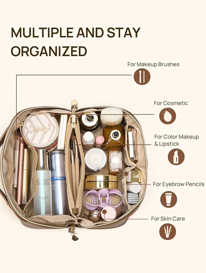 Telena Leather Make Up Bag Portable Travel Makeup Bag Waterproof Cosmetic Bags for Women Large Capacity With Handle and Divider Open Lay Flat