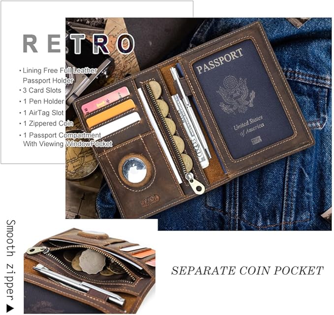 CONTACTS Full Grain Leather Passport Holder RFID Blocking Travel Passport Wallet Compatible with Airtag Passport Cover Case with 4 Card Slots, Coin Pocket with Badge