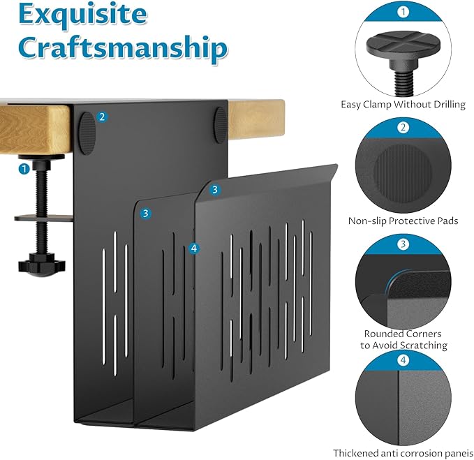 Onemake Desk Side Storage, 2-Tier No Drill Laptop Holder, Clamp on Desks Shelf with Magnetic Pen Holder, Hanging Desk Organizer for Home Office, Fits Flat Edge Tables 0.4" to 2.3"