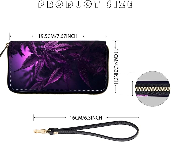 Women's RFID Blocking Zip Around Wallet with Detachable Wrist Strap, Large Capacity Credit Card Holder Organizer for Everyday Use,Weed Leaf