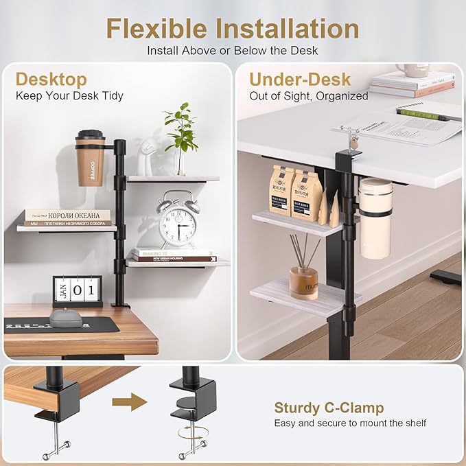 3-Tier Clamp On Desk Shelf with Cup Holder, Rotatable Height Adjustable Over or Under Desk Storage Shelves, Heavy Duty Desktop Organizer for Office Dorm Room Gaming Kitchen
