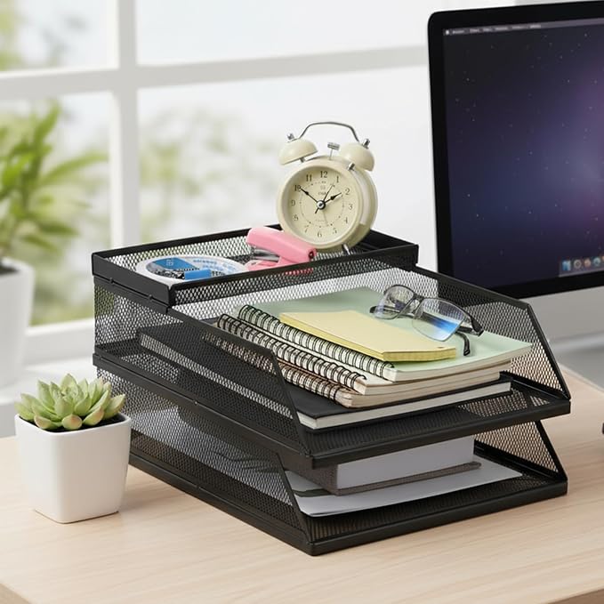 2-Tier Stackable Paper Tray Organizer with Top Tray, Metal Mesh Desktop File Holder & Document Sorter for Office, Home, Learning Places (Black)