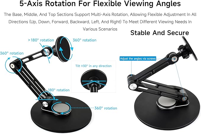 Portable Magnet Monitor Adjustable Stand Magnetic N52 Neodymium, Compatible with 4~18.5inch Monitors, Supports Multi-axis Rotation, Comes with Magnetic Metal Rings, Foldable for Easy Storage