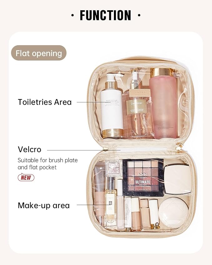 EACHY Travel Makeup Bag, Large Capacity Cosmetic Bag for Women, Waterproof PU Leather, Flat Open Portable Toiletry Bag for Skincare, Brushes & Travel Essentials