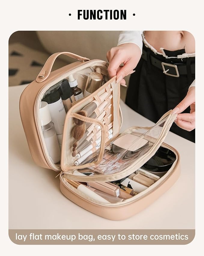 EACHY Travel Makeup Bag, Large Capacity Cosmetic Bag for Women, Waterproof PU Leather, Flat Open Portable Toiletry Bag for Skincare, Brushes & Travel Essentials