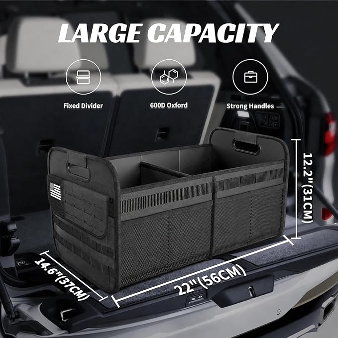Sposuit Car Trunk Organizer for SUV - 65L Collapsible Tactical MOLLE Car Storage with Reinforced Handles & Multiple Pockets, Sturdy Trunk Organizers for Groceries, Tools & Outdoor Storage (Black)