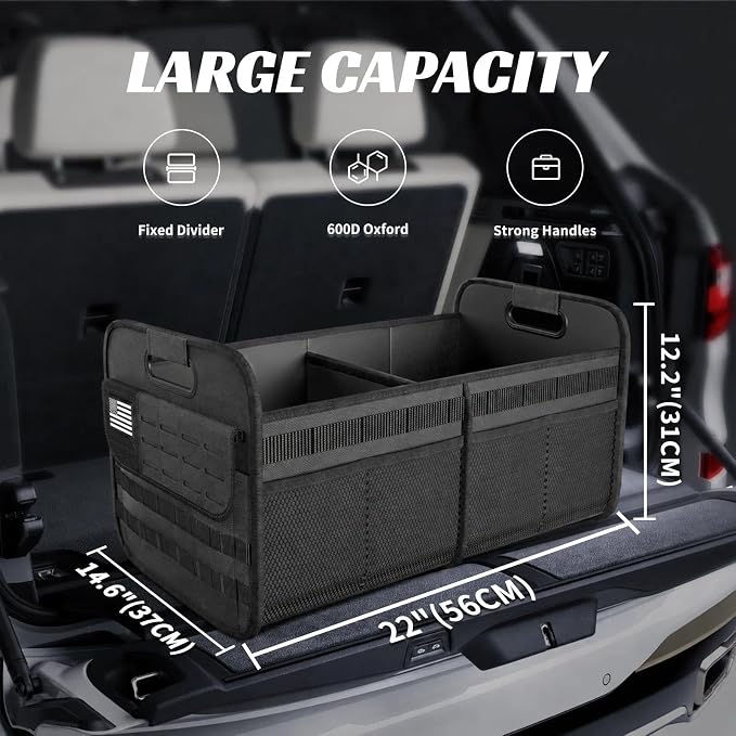 Sposuit Car Trunk Organizer for SUV - 65L Collapsible Tactical MOLLE Car Storage with Reinforced Handles & Multiple Pockets, Sturdy Trunk Organizers for Groceries, Tools & Outdoor Storage (Black 2Pcs)