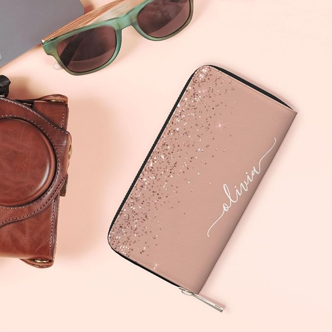 Blush Pink Rose Gold Glitter Wallet for Men Women Elegant Long Clutch Zip Around Travel Leather Coin Purse Large Capacity Credit Card Holder Handbag