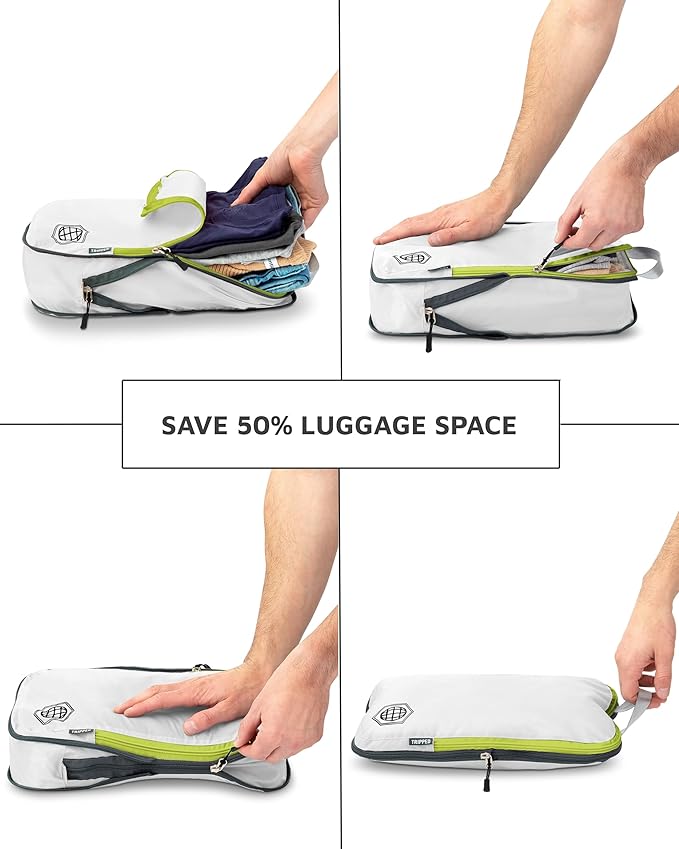 Compression Packing Cubes for Travel, 6-Piece Lightweight Packing Cubes Set for Carry-On Luggage & Backpacks – TRIPPED Travel Gear (White and Green)