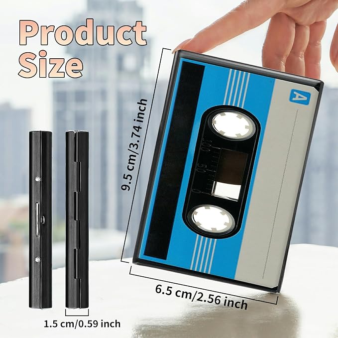 Slim Credit Card Holder, Blue Cassette RFID Blocking Metal Wallet for Men & Women, Aluminum Minimalist Hard Case Pocket-Sized Business Cards Organizer (Fits Up to 10 Cards)