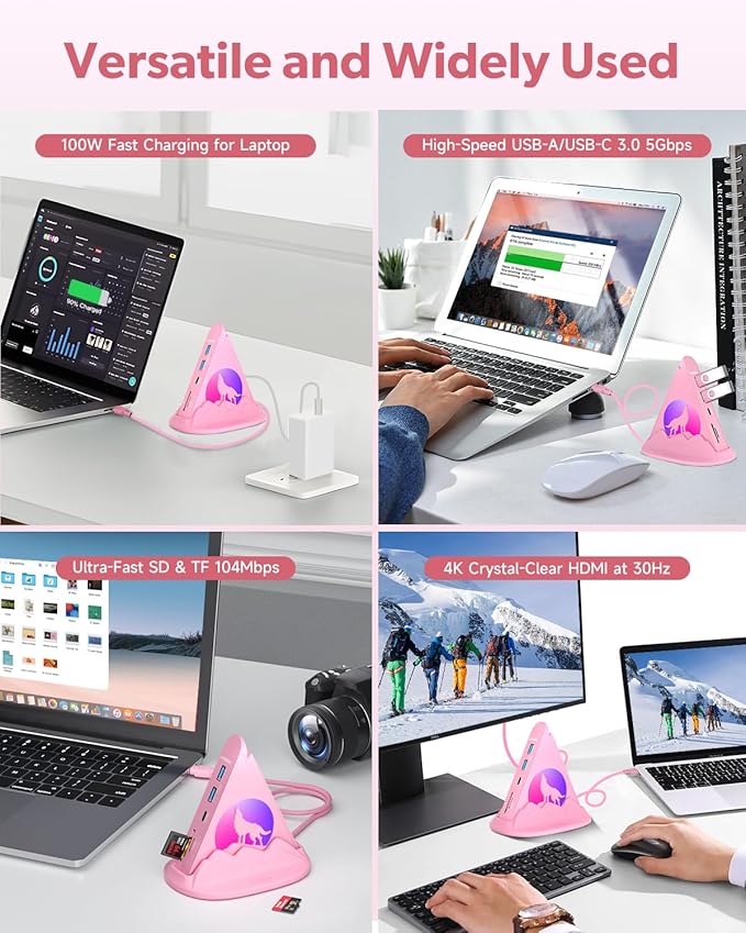 USB C Hub, Pink 8-in-1 Type C Multiport Adapter with 4K@30Hz HDMI, 100W PD, 5Gbps 1xUSB-C, 3xUSB-A 3.0, SD/TF Slots ï¼?RGB Lighting, Pink USB Hub for MacBook Air/Pro, iPad, iMac, Surface, XPS