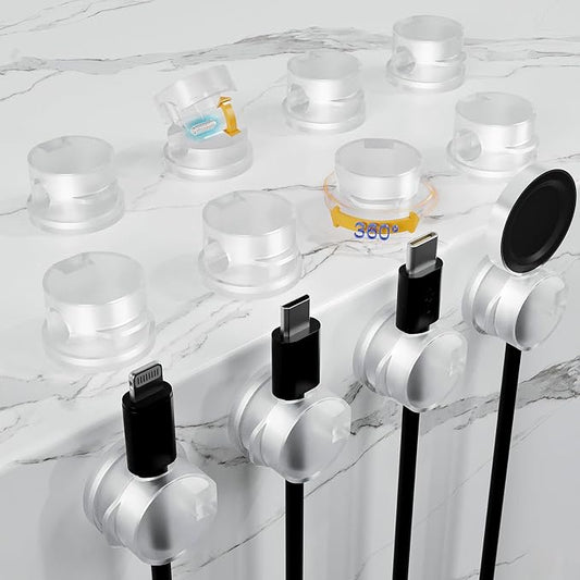 Cord Organizer Holder Clips 12 Pack 360° Rotatble Spring Cable Management Hide Phone Charging Cable Keeper Strong Adhesive Wire Charger Holder for Home Car Office Nightstand Desk (Clear)