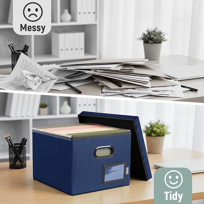 BALEINE File Organizer Box with Lid, Collapsible File Folder Organizer with Plastic Slide, Filing Box for Office Home Document Organizer Storage (Blue, 1PK)