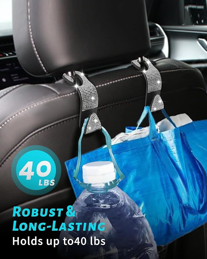 Sparkling Car Seat headrest Hooks, 4 Pack, White Purse Holder for Car Headrest, Chic Automotive Accessories for Women Essentials Handbag Clothes Coats Grocery Bags