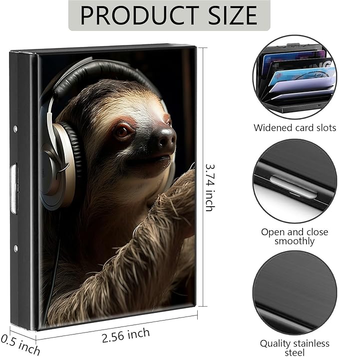 Credit Card Holder, Sloth with Headphones Design Mini RFID Blocking Aluminum Wallet Slim Metal Hard Case Shell Travel Wallet ID Case Small Credit Cards Case Business Cards for Women Men Girls