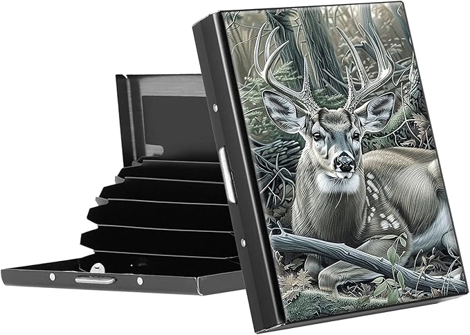 RFID Blocking Credit Card Holder - Slim Metal Wallet for Women & Men,Deer Hunter Tree Design Stainless Steel Business Card Case,Compact Pocket Organizer for Travel & Daily Use