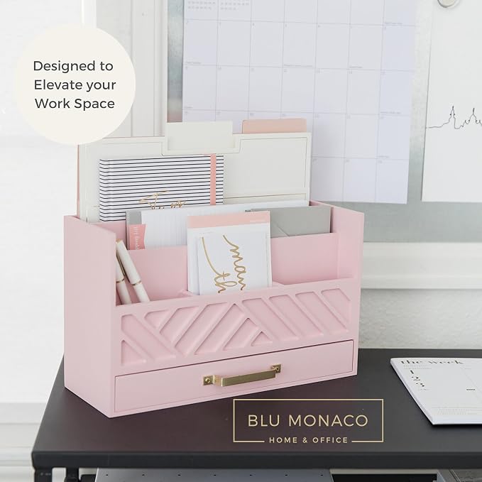 BLU MONACO | Pink Desk Organizers Wooden Mail Organizer with Drawer | Mail Sorter Organizer Countertop Gold Handle | Desk Organizers and Accessories Pink Office Storage