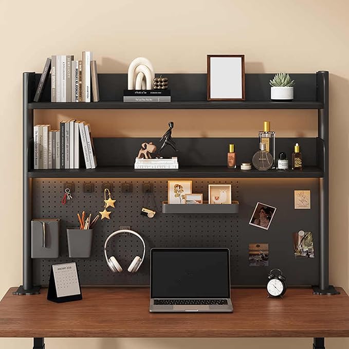 Clamp on Desk Shelf with Pegboard, Black Desktop Bookshelf Organizer Storage Shelves for Home Office Dorm Gaming Desk, Space Saving Tabletop Display Rack Organization (Black, 39.3in)