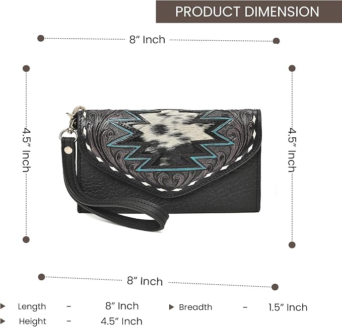 Merbaa Western Leather Wallet for Women, Hair-On Vegetable Tanned Leather Clutch Aztec Wristlet Purse, Card Cases & Money Organizers Bifold Cash Phone Slim Organizer with Card Slots, Zip Coin Pocket